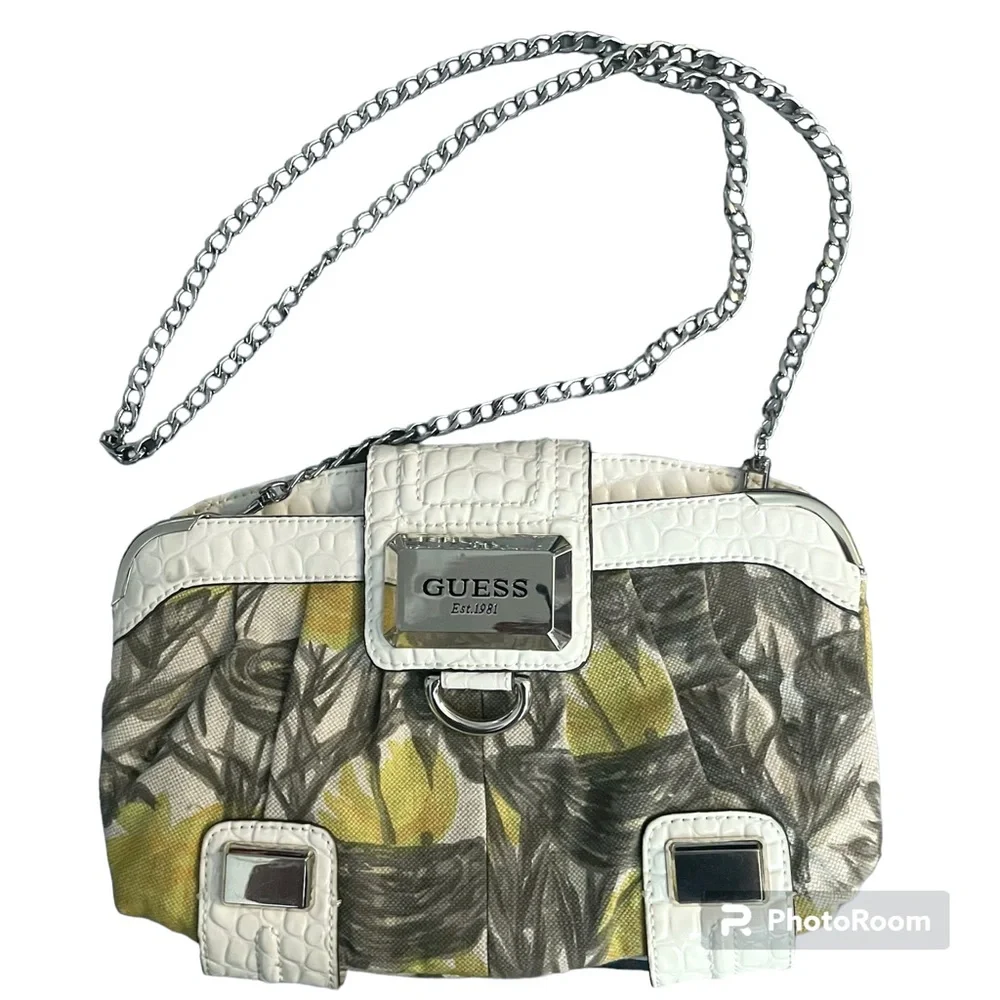 GUESS Liliana Yellow Tan White Floral Clutch Purse Crossbody Bag